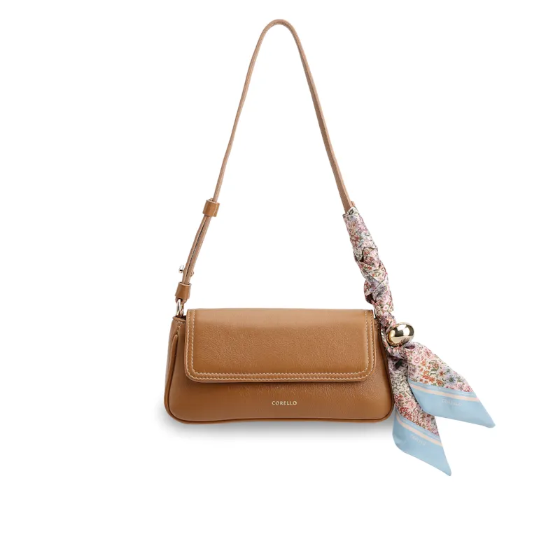  Bolsa De Ombro Pequena Marrom Claro Couro Lenço Esfera Dourada