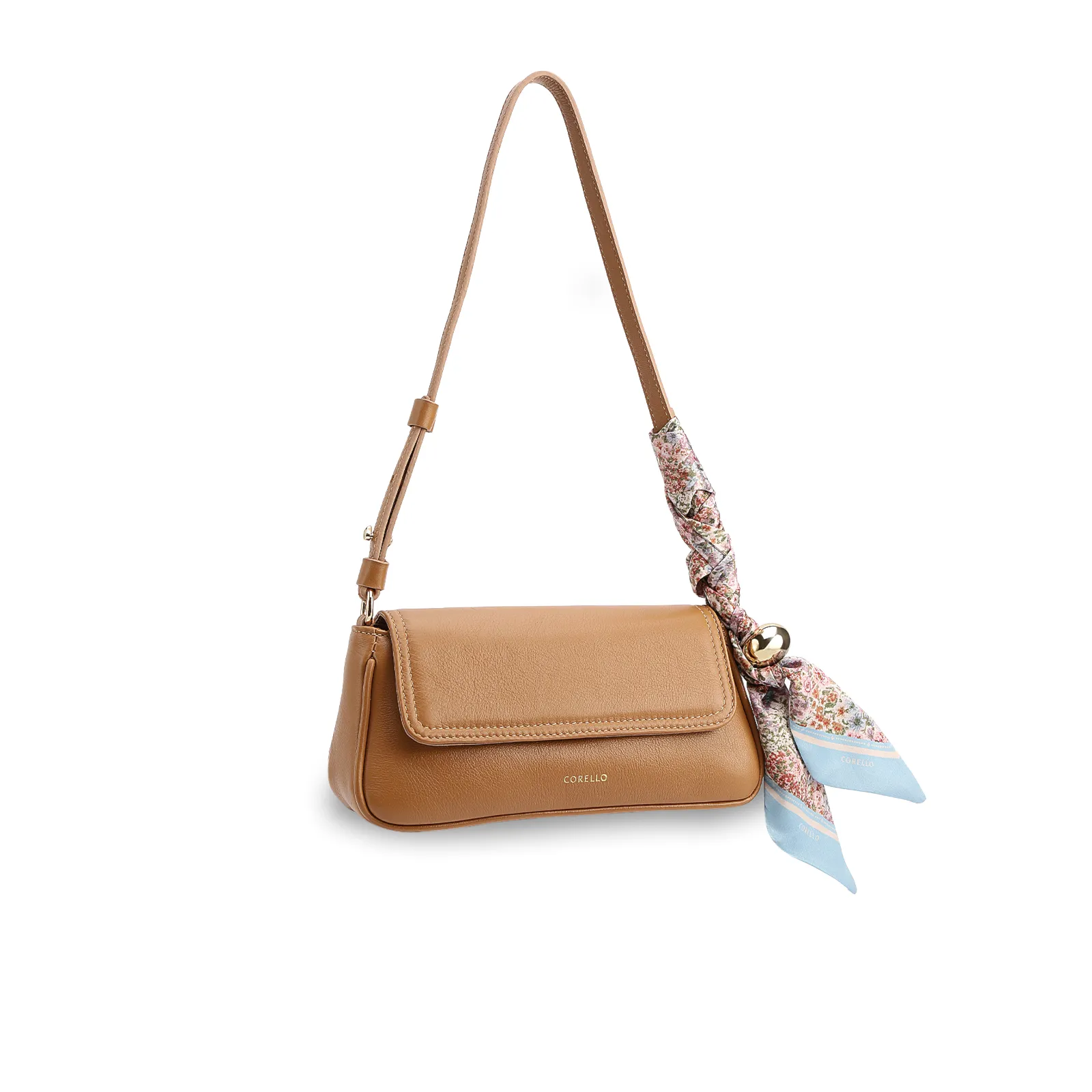  Bolsa De Ombro Pequena Marrom Claro Couro Lenço Esfera Dourada