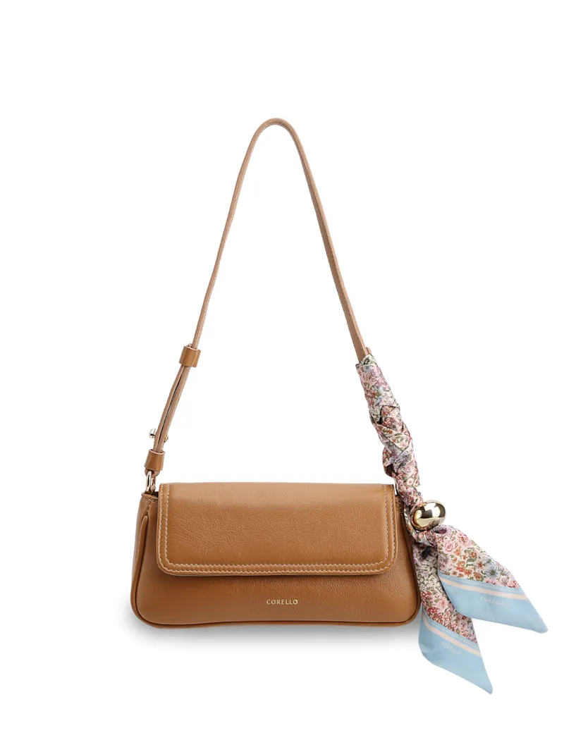  Bolsa De Ombro Pequena Marrom Claro Couro Lenço Esfera Dourada