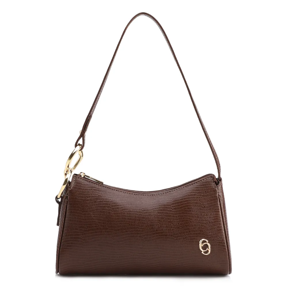 Bolsa De Ombro Pequena Marrom Couro Lezard Argola Dourada