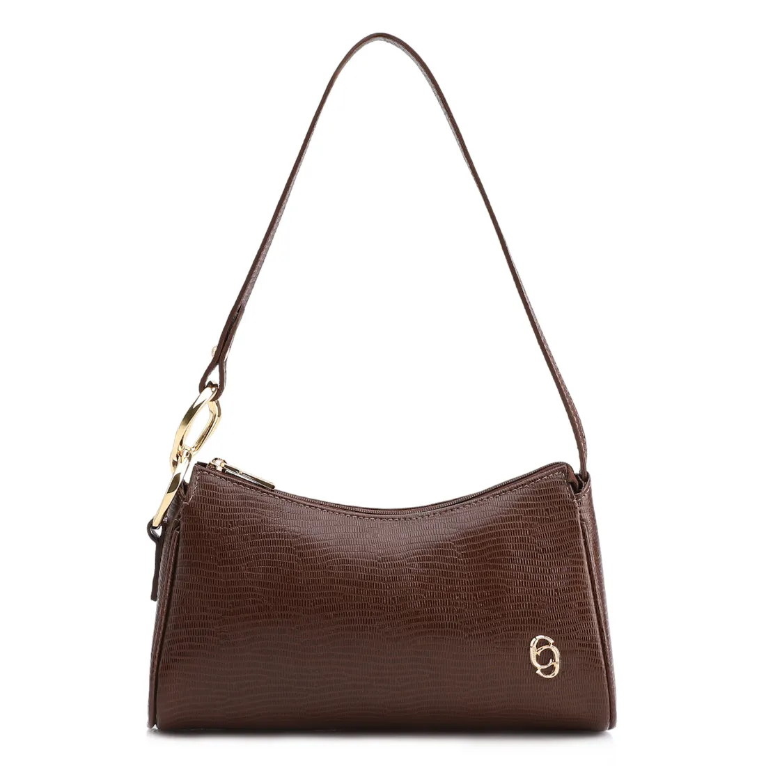 Bolsa De Ombro Pequena Marrom Couro Lezard Argola Dourada