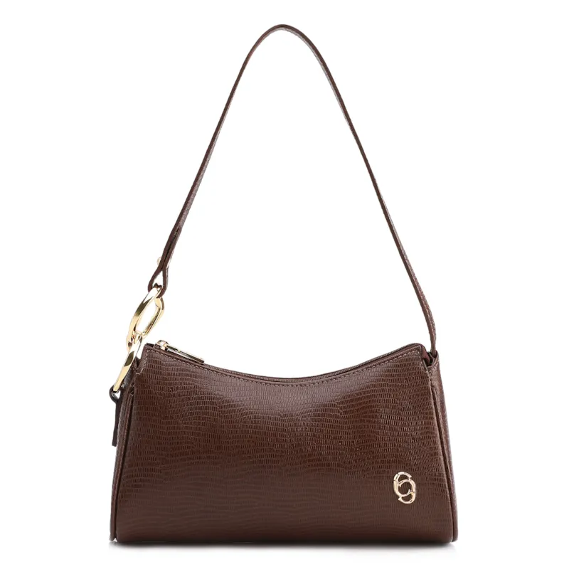 Bolsa De Ombro Pequena Marrom Couro Lezard Argola Dourada