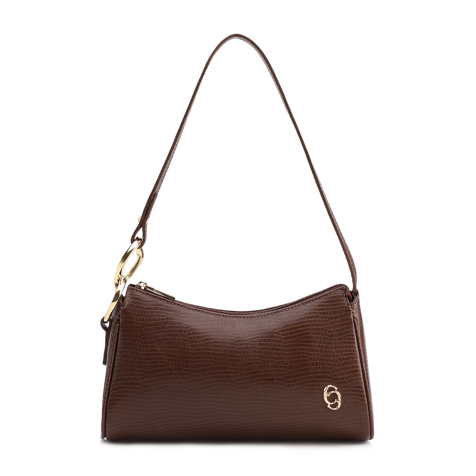 Bolsa De Ombro Pequena Marrom Couro Lezard Argola Dourada