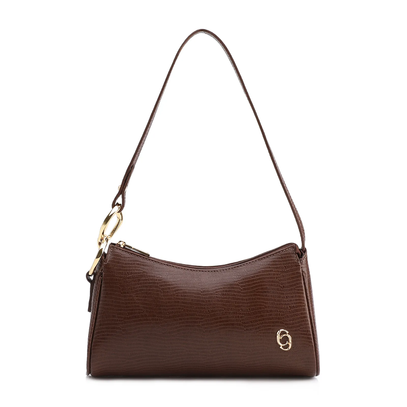 Bolsa De Ombro Pequena Marrom Couro Lezard Argola Dourada