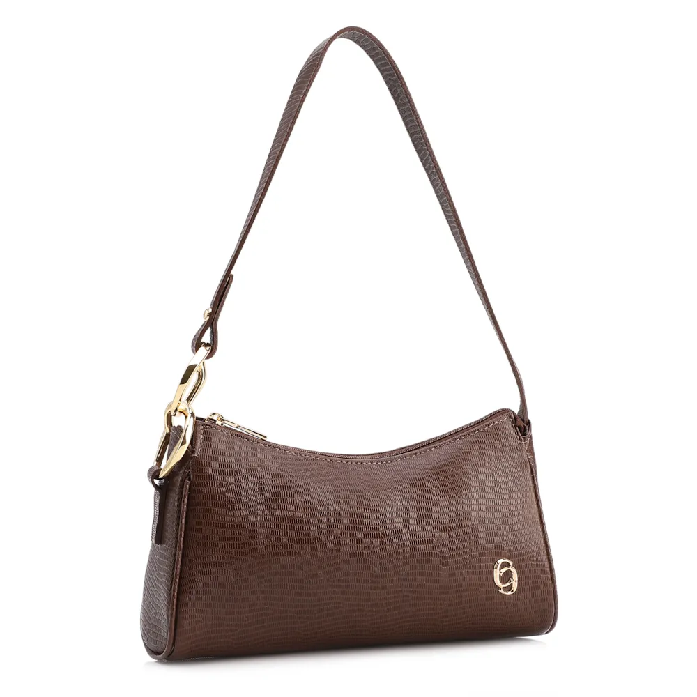 Bolsa De Ombro Pequena Marrom Couro Lezard Argola Dourada - imagem 3
