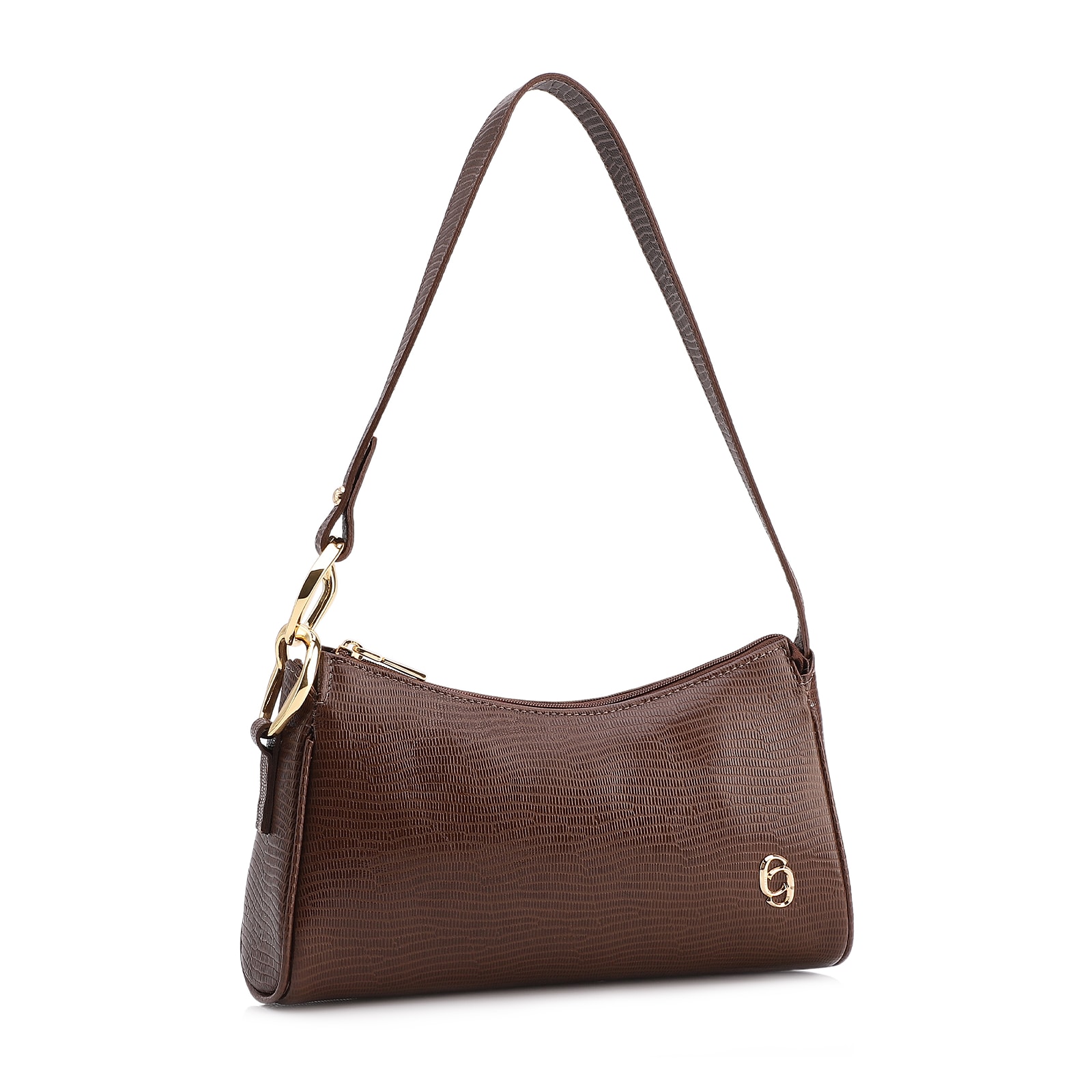 Bolsa De Ombro Pequena Marrom Couro Lezard Argola Dourada