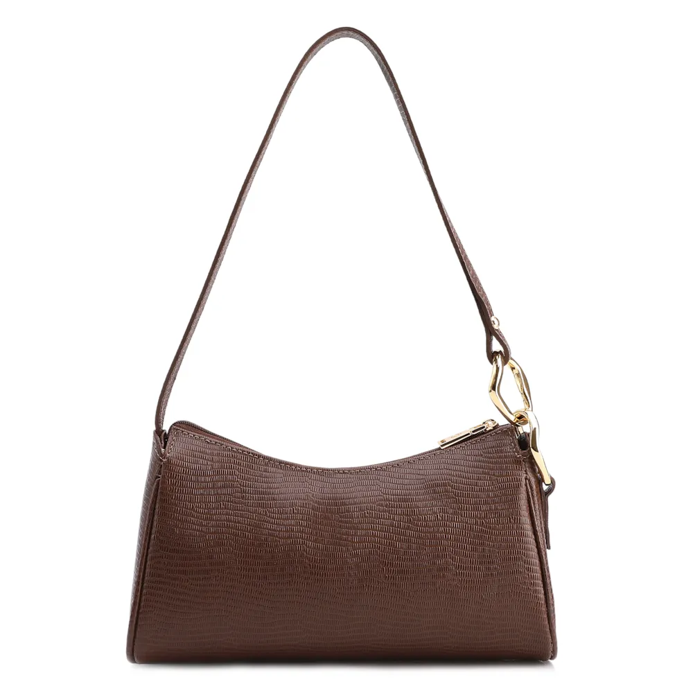 Bolsa De Ombro Pequena Marrom Couro Lezard Argola Dourada - imagem 4