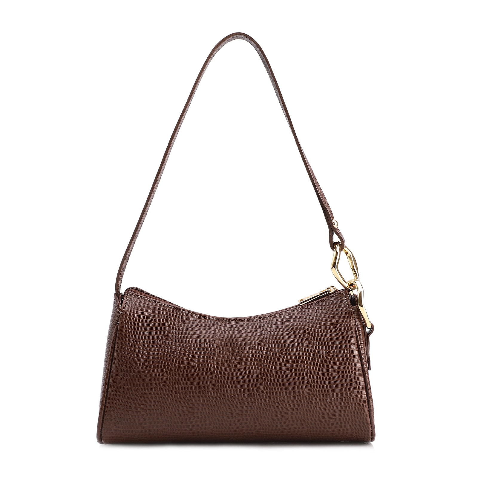 Bolsa De Ombro Pequena Marrom Couro Lezard Argola Dourada