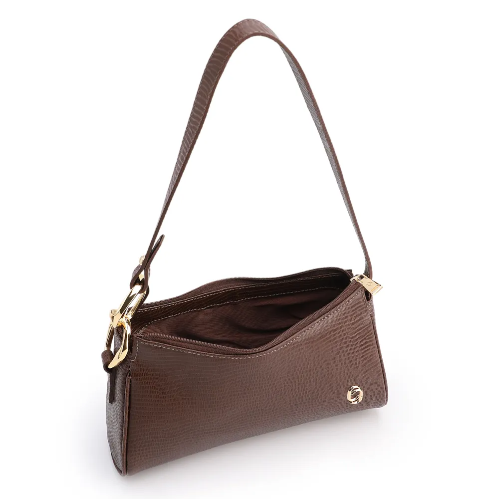 Bolsa De Ombro Pequena Marrom Couro Lezard Argola Dourada - imagem 5