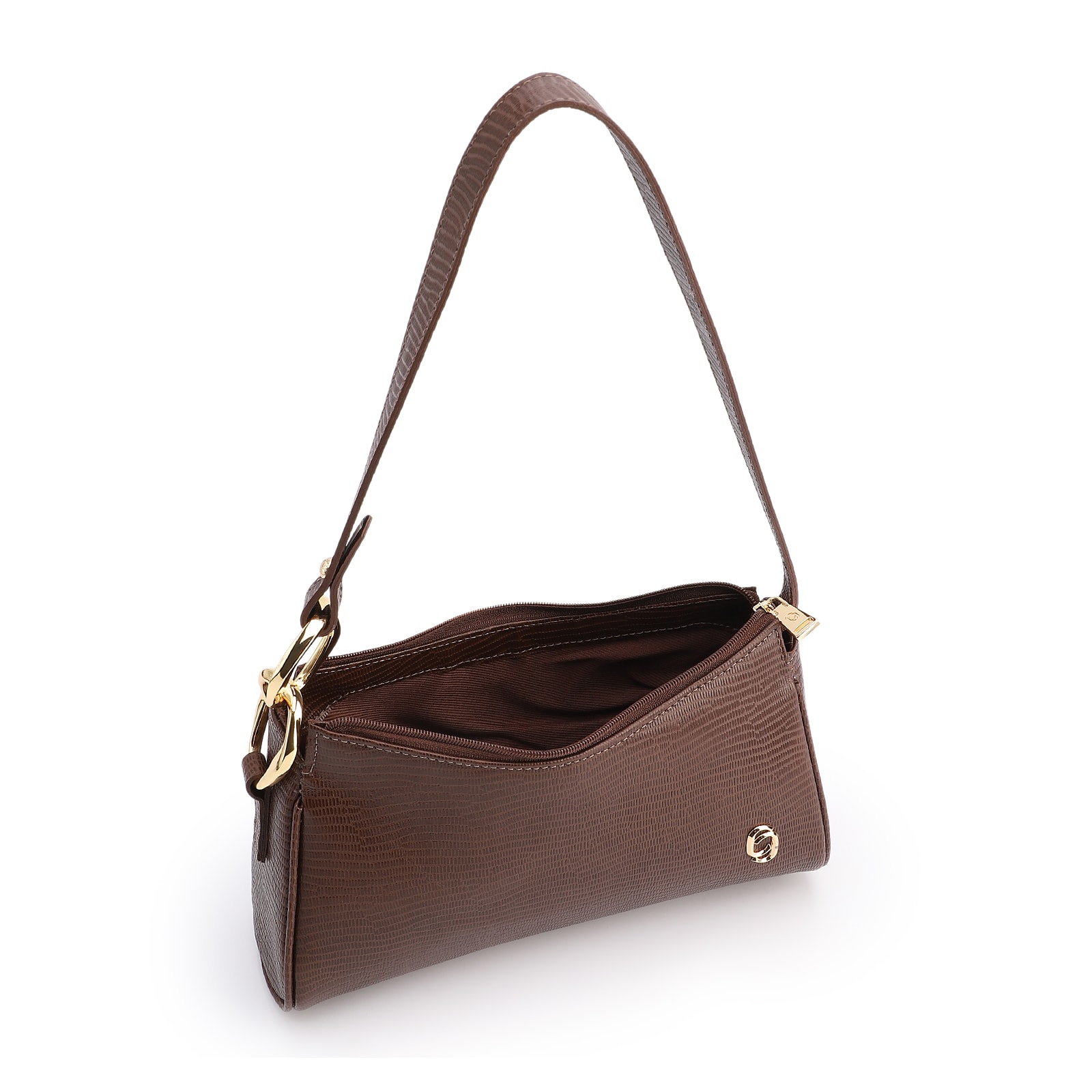 Bolsa De Ombro Pequena Marrom Couro Lezard Argola Dourada