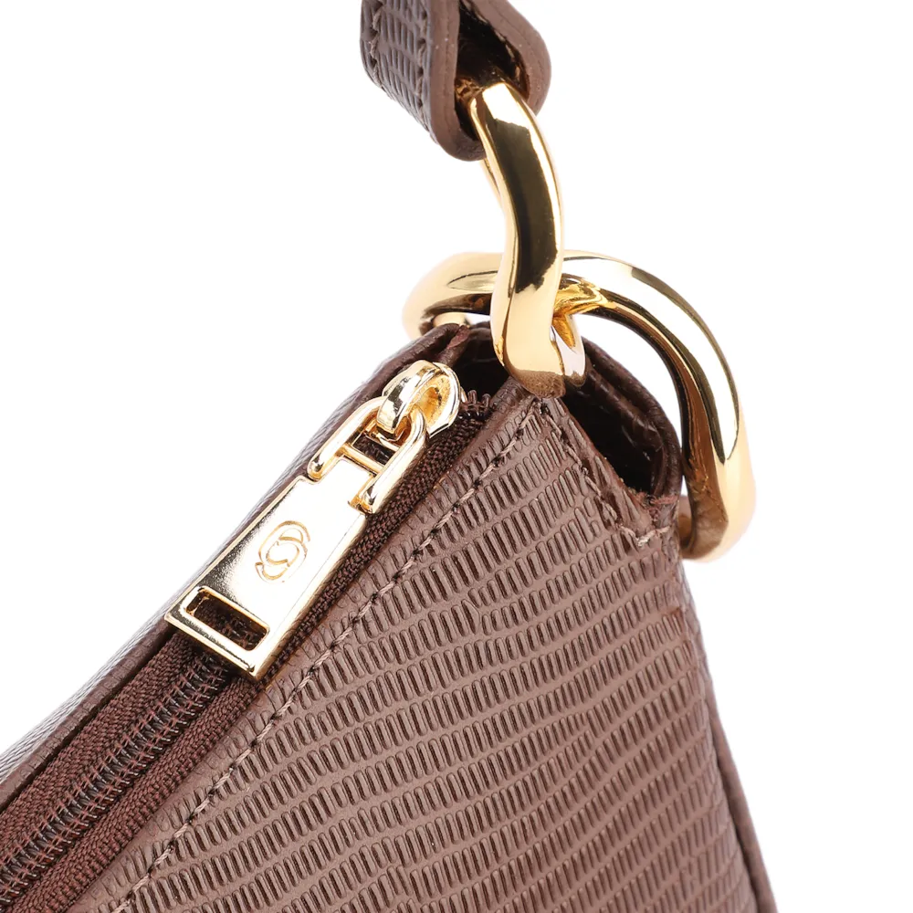 Bolsa De Ombro Pequena Marrom Couro Lezard Argola Dourada - imagem 6