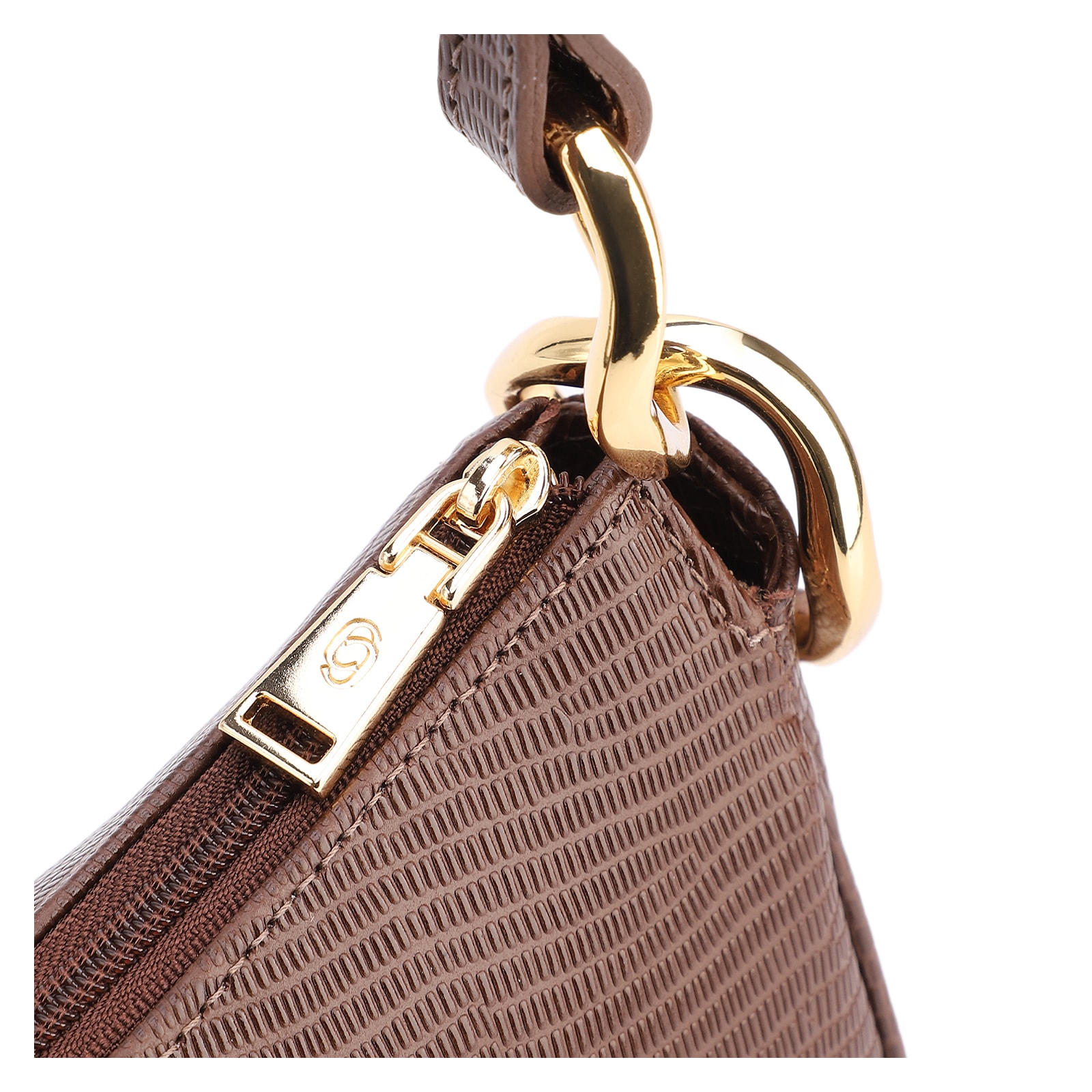 Bolsa De Ombro Pequena Marrom Couro Lezard Argola Dourada