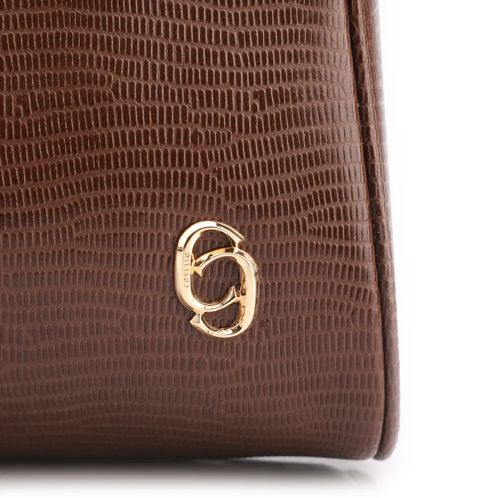 Bolsa De Ombro Pequena Marrom Couro Lezard Argola Dourada - imagem 7