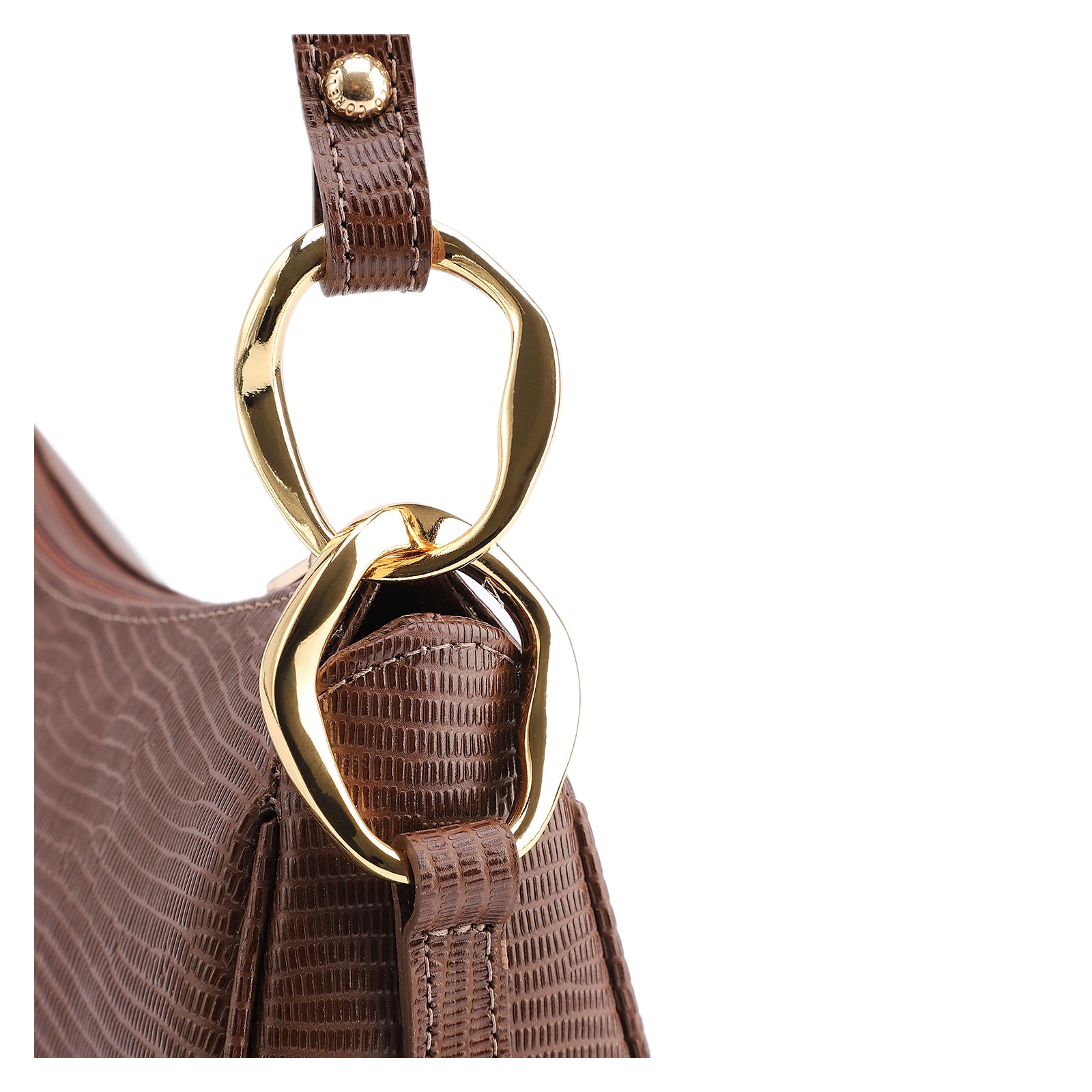 Bolsa De Ombro Pequena Marrom Couro Lezard Argola Dourada