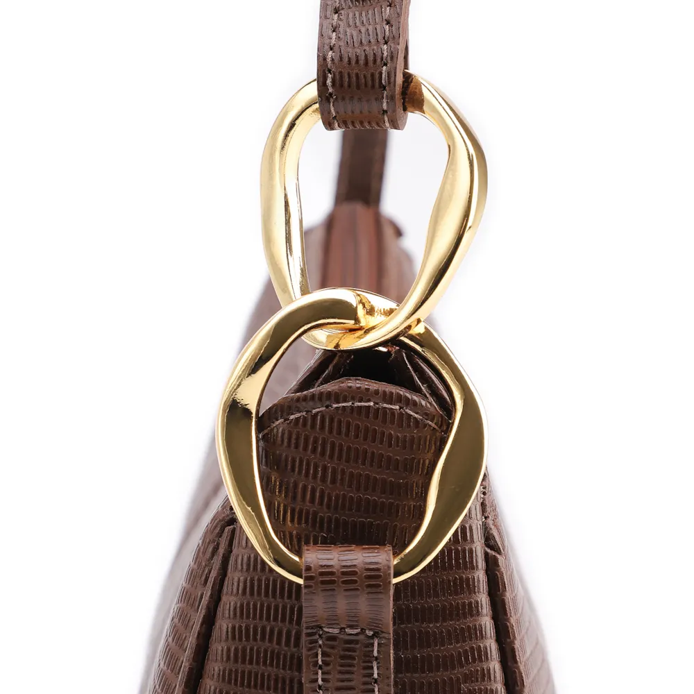Bolsa De Ombro Pequena Marrom Couro Lezard Argola Dourada - imagem 9