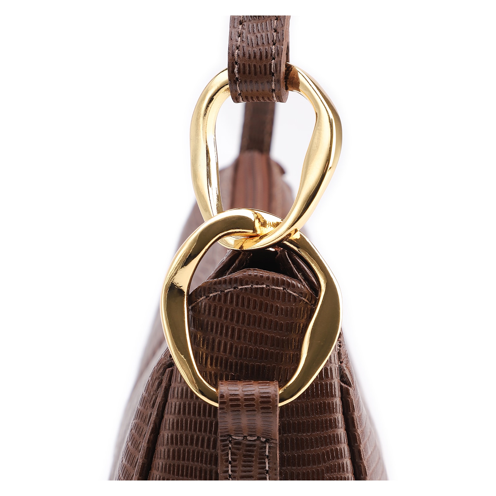Bolsa De Ombro Pequena Marrom Couro Lezard Argola Dourada