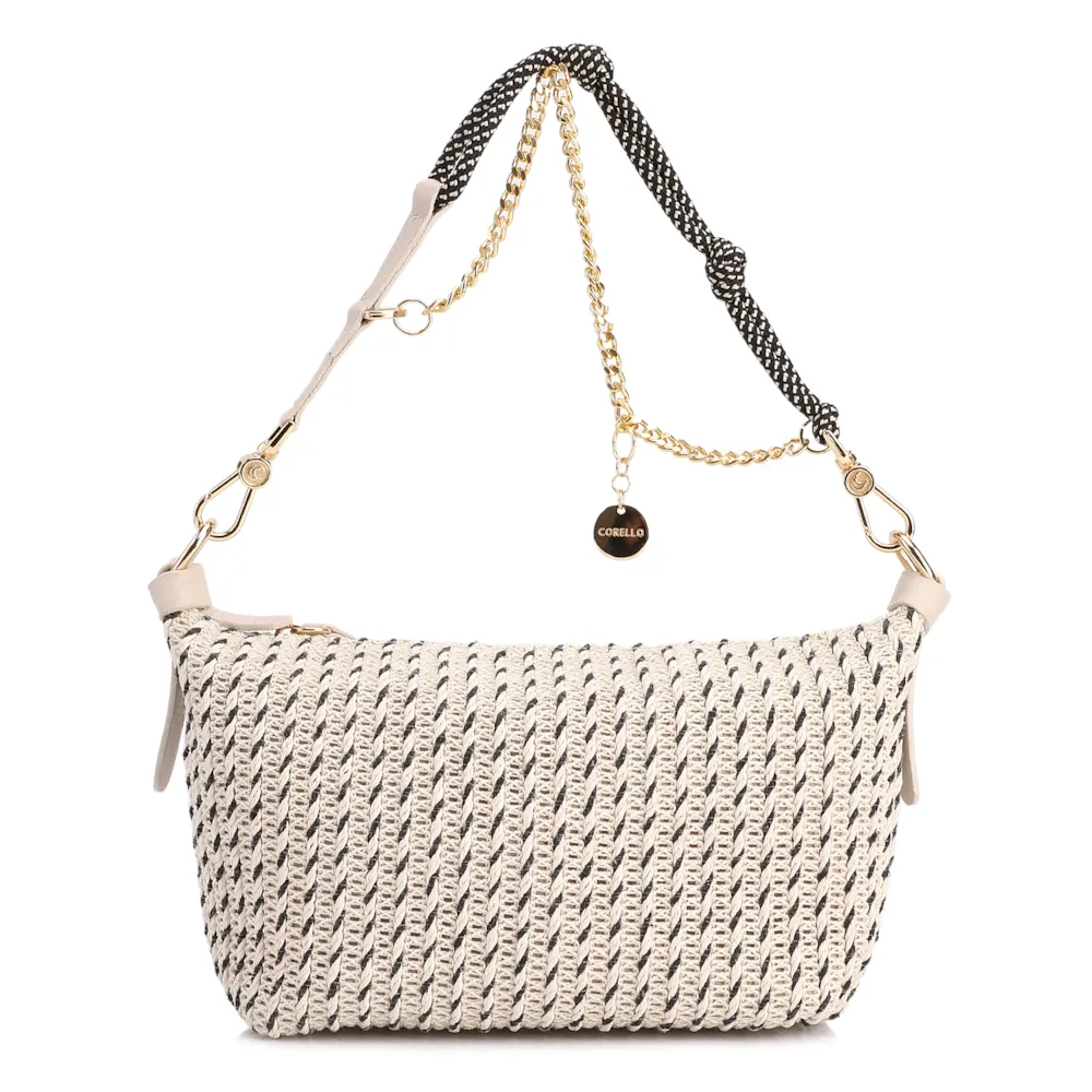 Bolsa De Ombro Pequena Off White Couro Alt Ráfia Tramada Bicolor