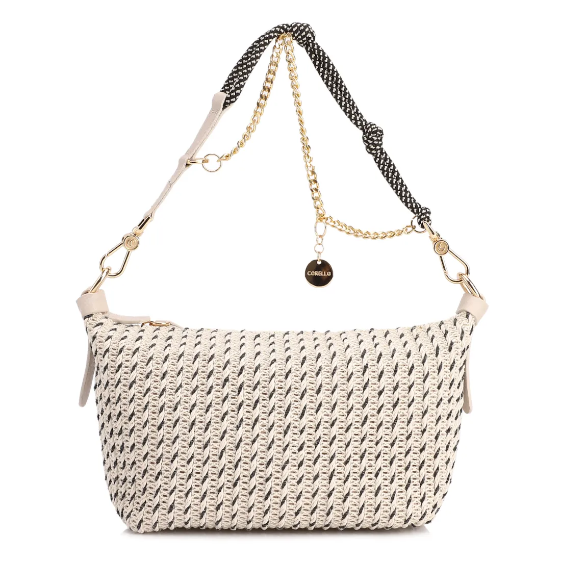 Bolsa De Ombro Pequena Off White Couro Alt Ráfia Tramada Bicolor