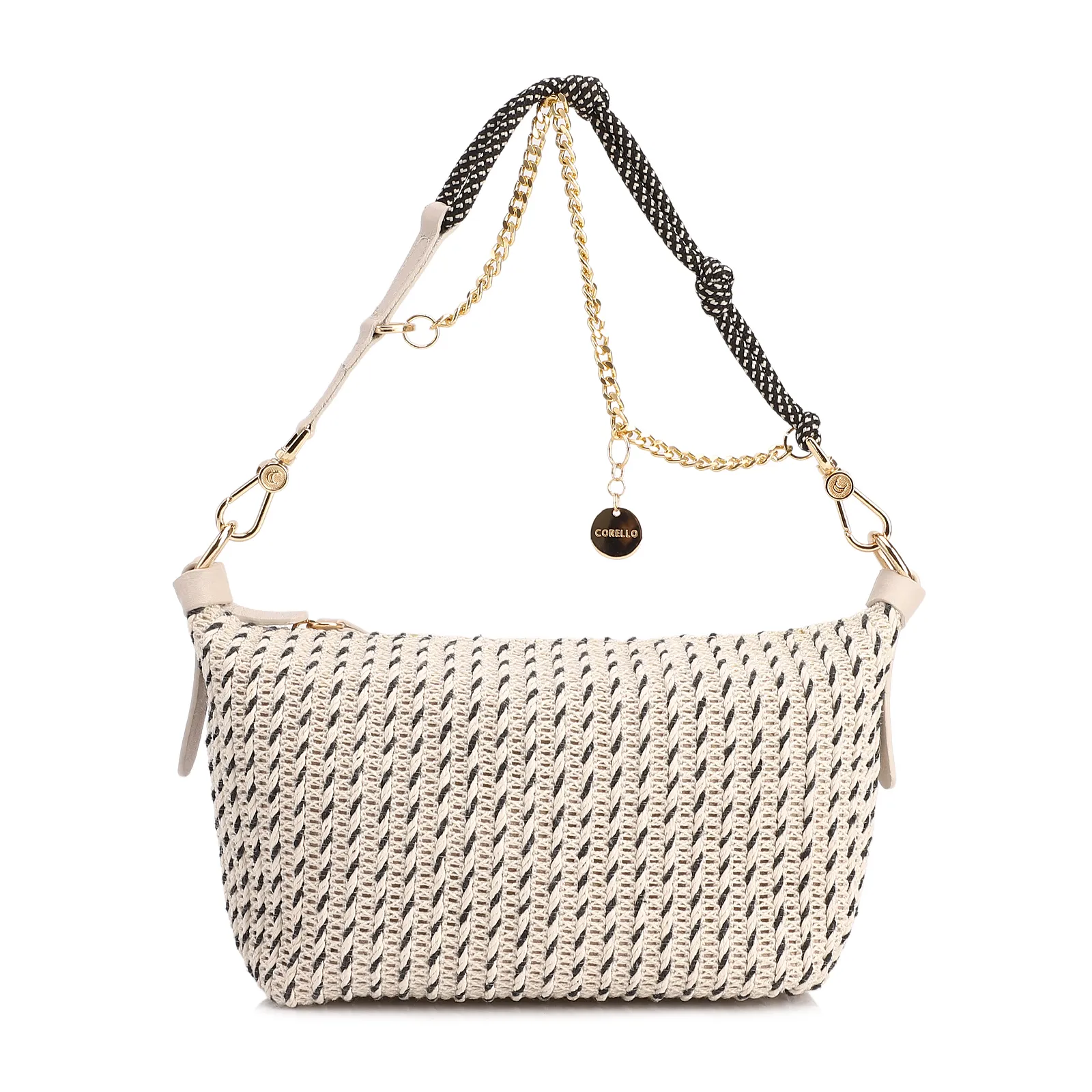 Bolsa De Ombro Pequena Off White Couro Alt Ráfia Tramada Bicolor