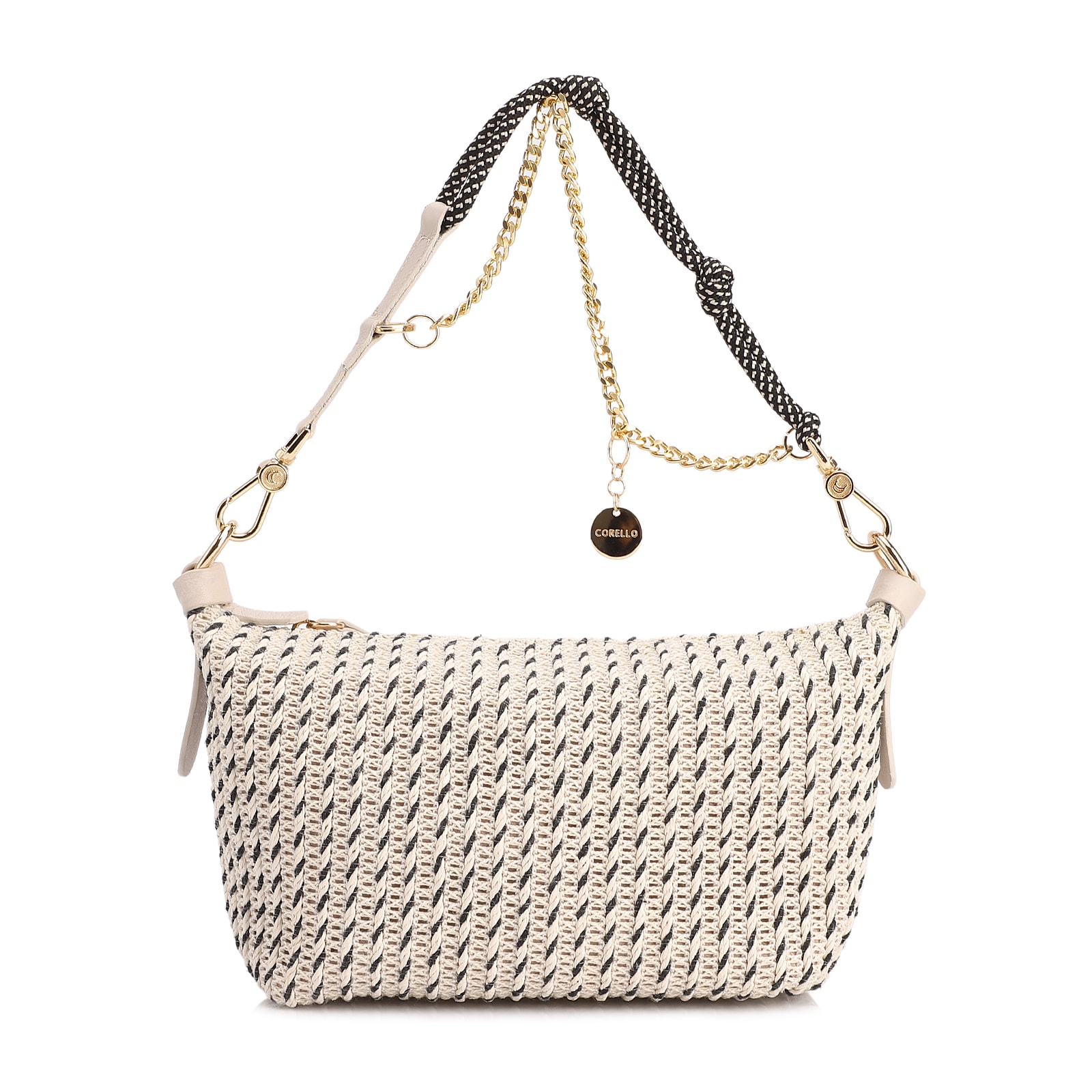 Bolsa De Ombro Pequena Off White Couro Alt Ráfia Tramada Bicolor