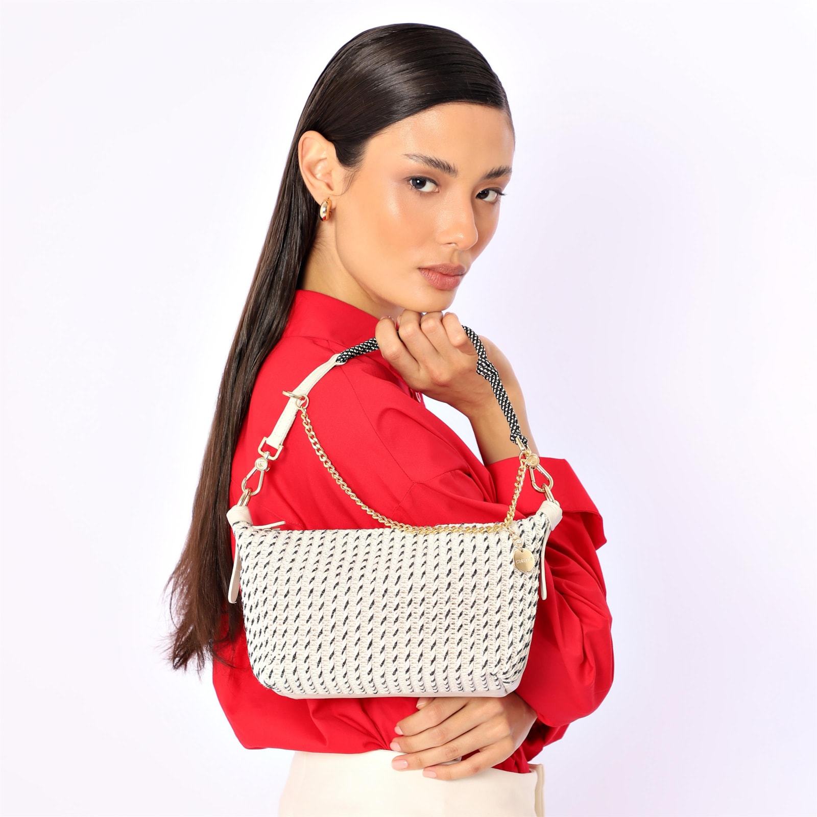 Bolsa De Ombro Pequena Off White Couro Alt Ráfia Tramada Bicolor