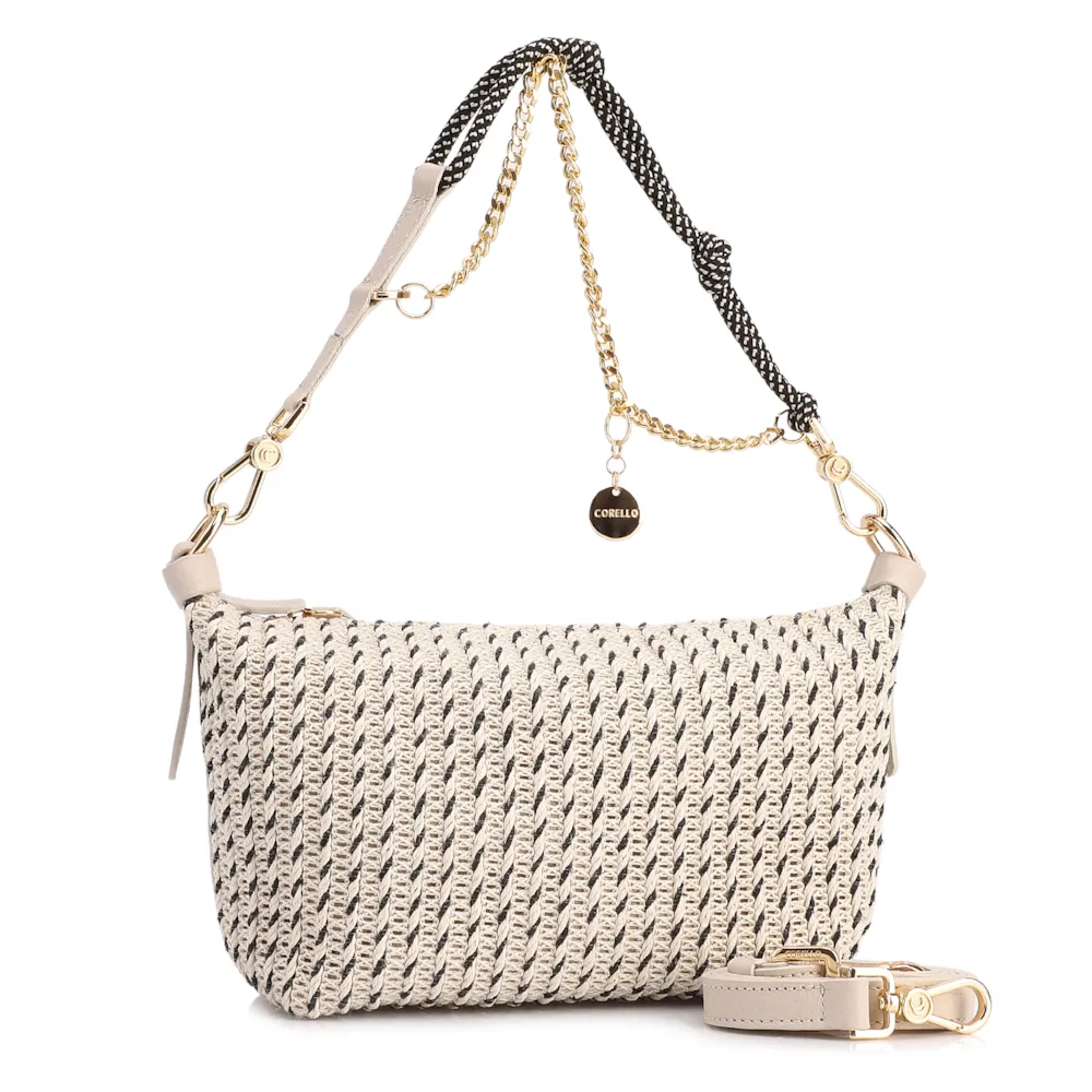 Bolsa De Ombro Pequena Off White Couro Alt Ráfia Tramada Bicolor - imagem 3