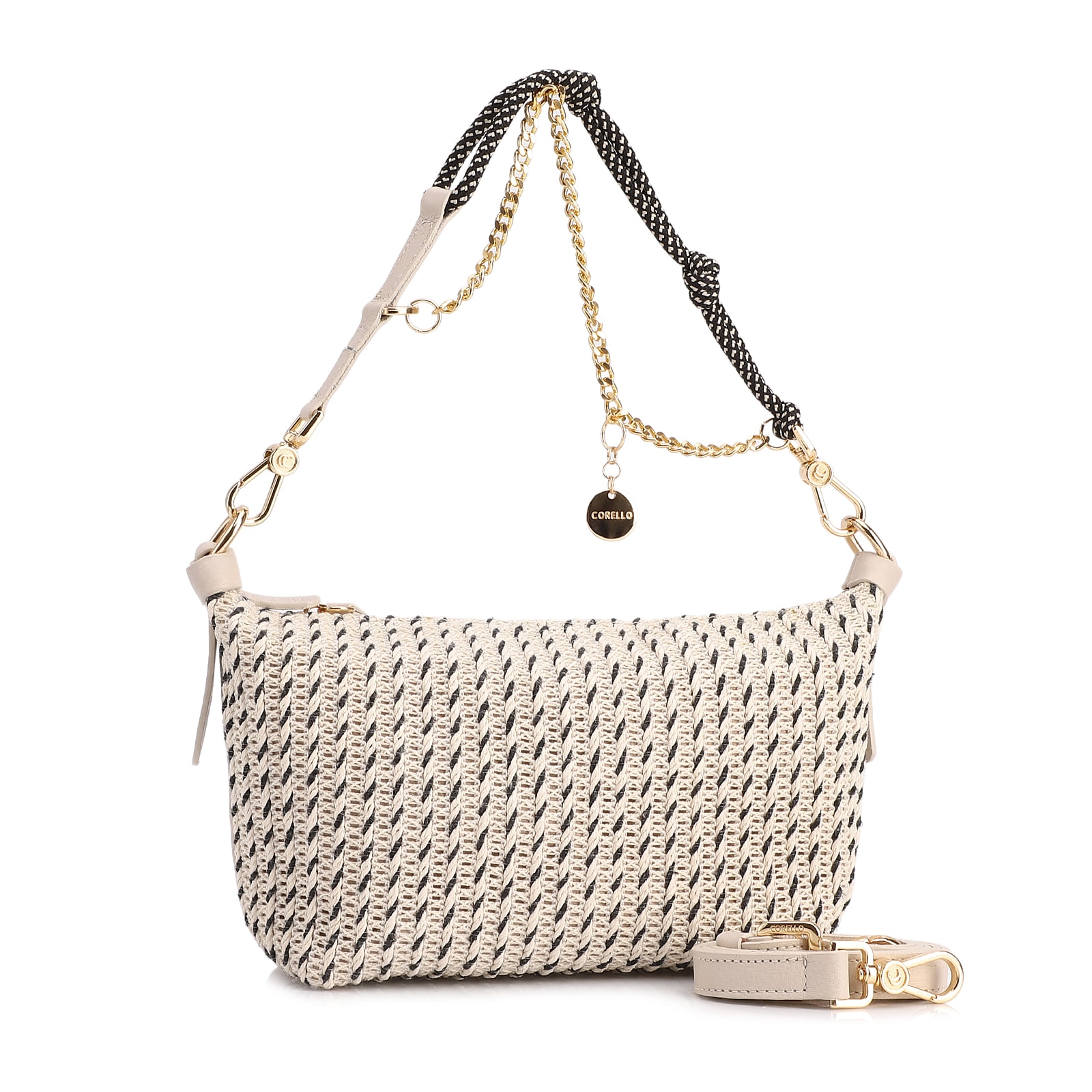 Bolsa De Ombro Pequena Off White Couro Alt Ráfia Tramada Bicolor