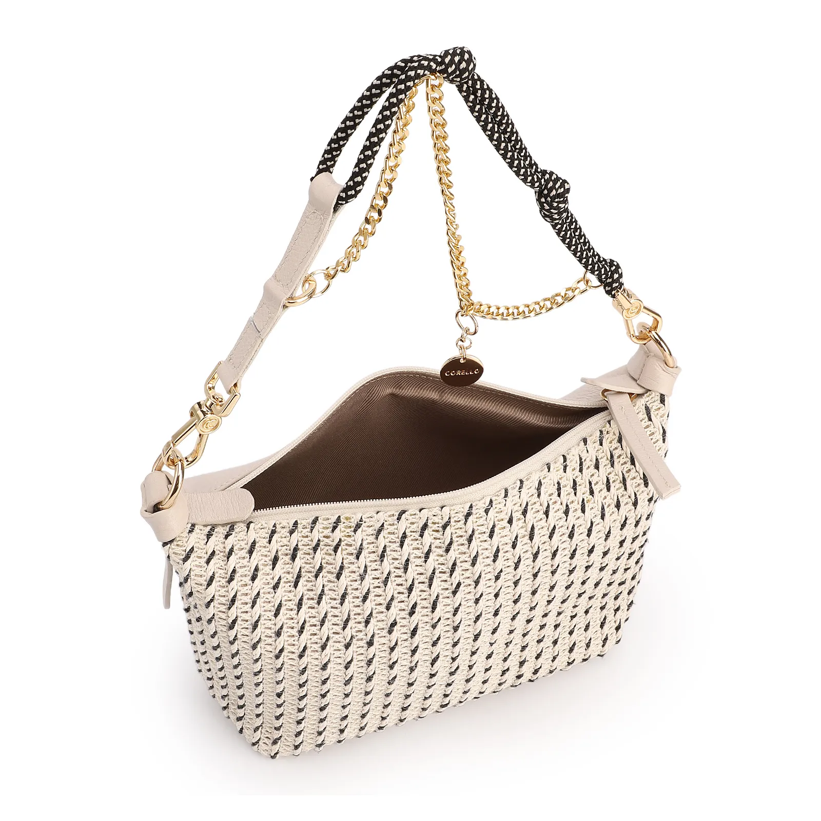 Bolsa De Ombro Pequena Off White Couro Alt Ráfia Tramada Bicolor