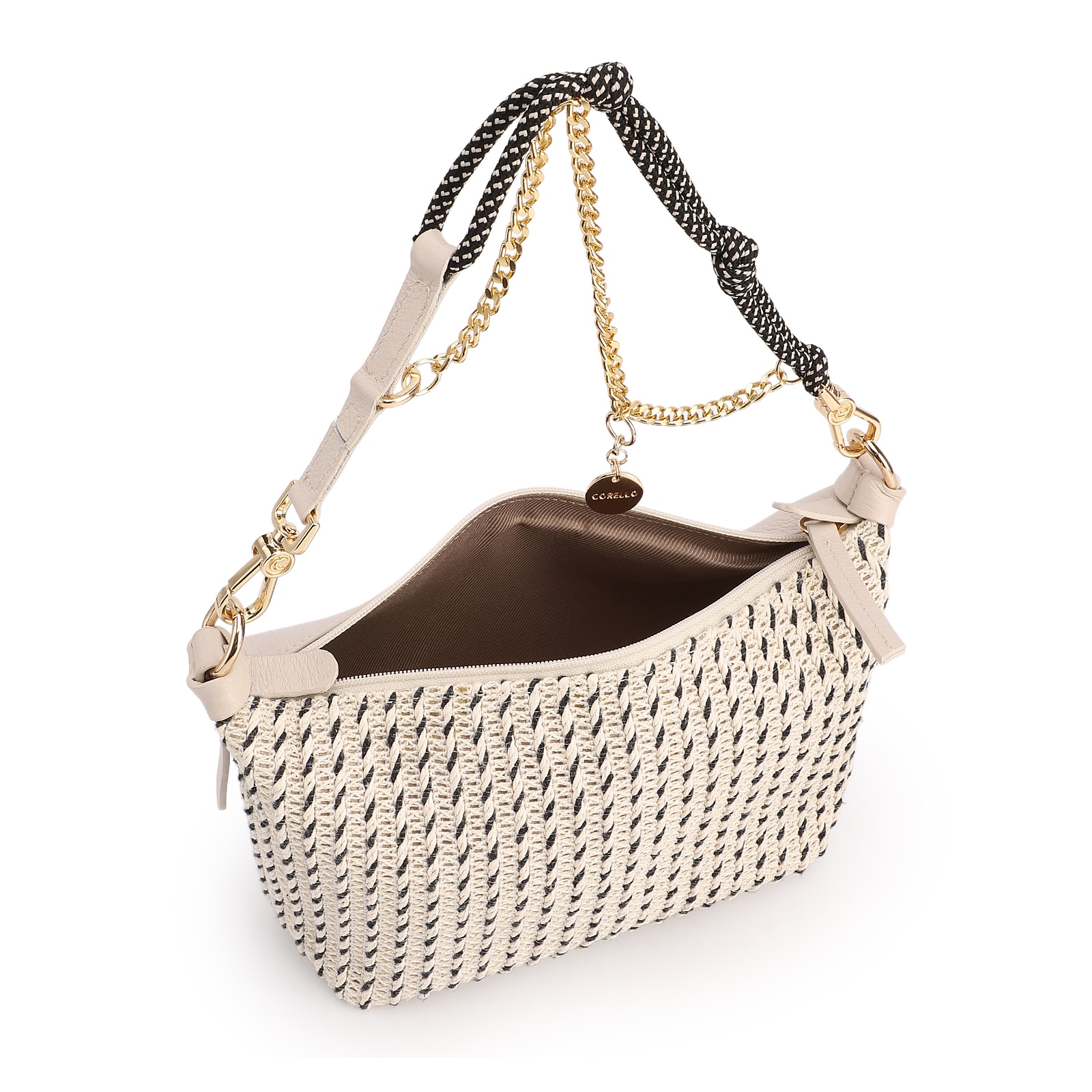 Bolsa De Ombro Pequena Off White Couro Alt Ráfia Tramada Bicolor