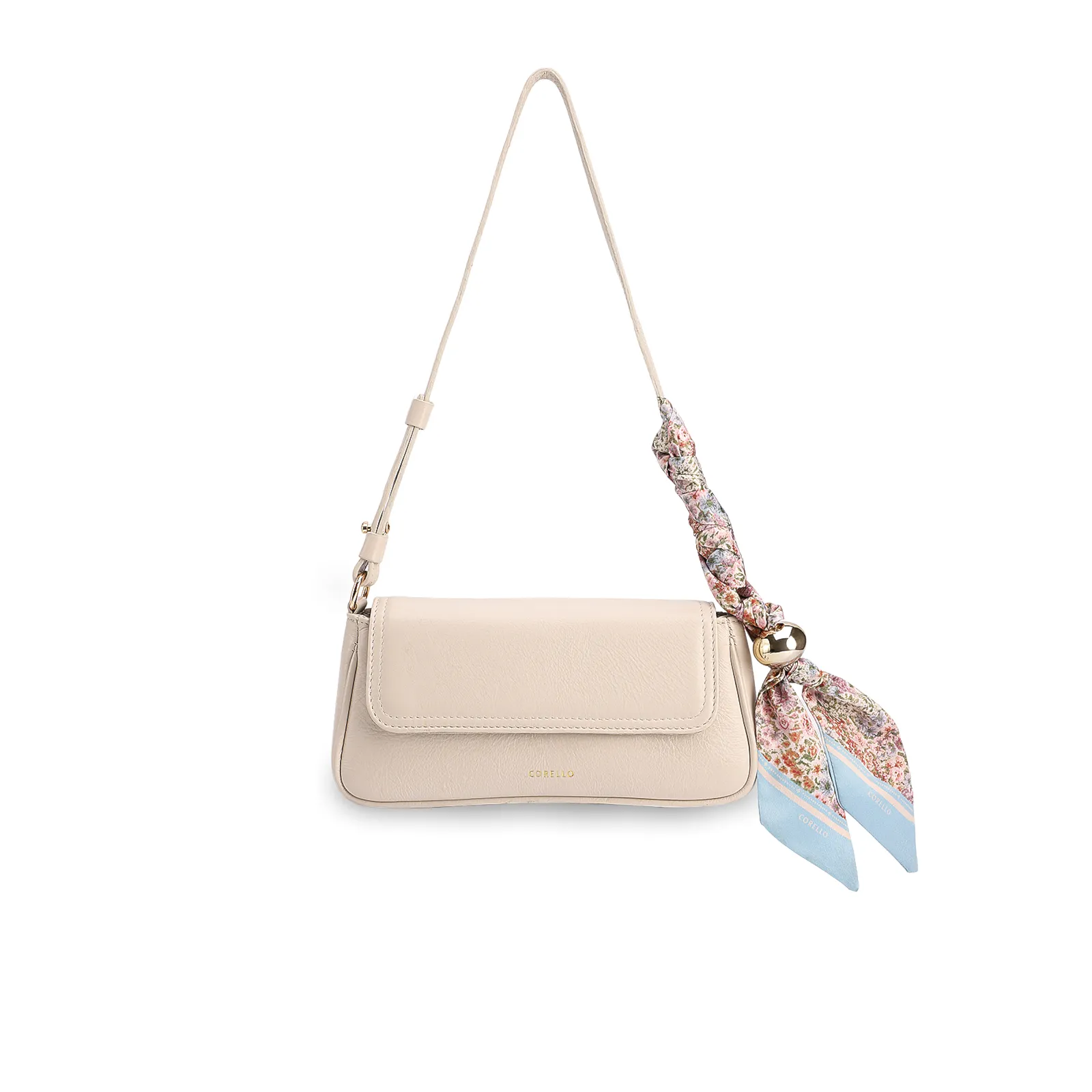 Bolsa De Ombro Pequena Off White Couro Lenço Esfera Dourada