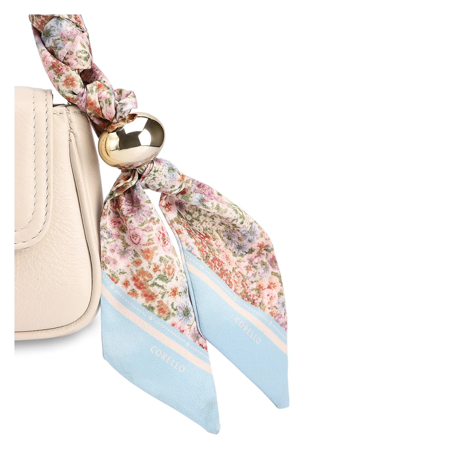  Bolsa De Ombro Pequena Off White Couro Lenço Esfera Dourada