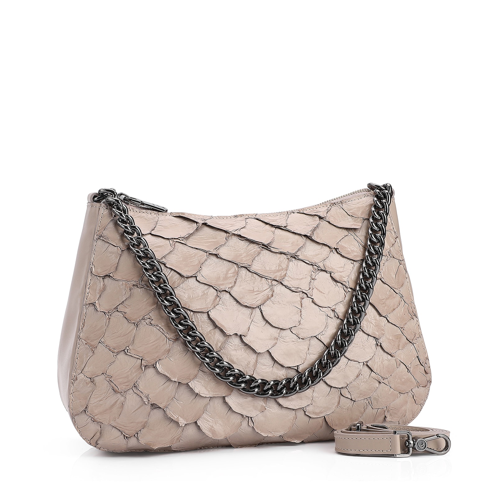 Bolsa De Ombro Pirarucu Couro Bege