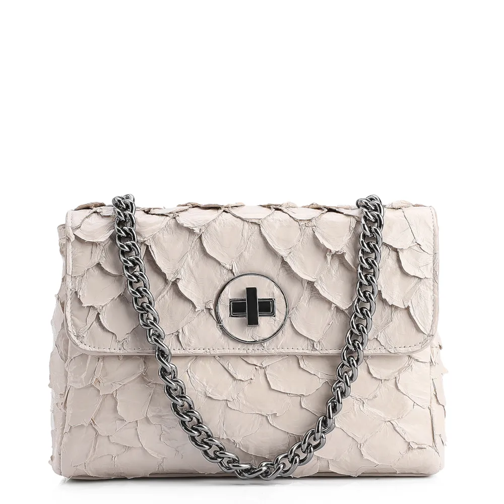 Bolsa De Ombro Pirarucu Couro Off White