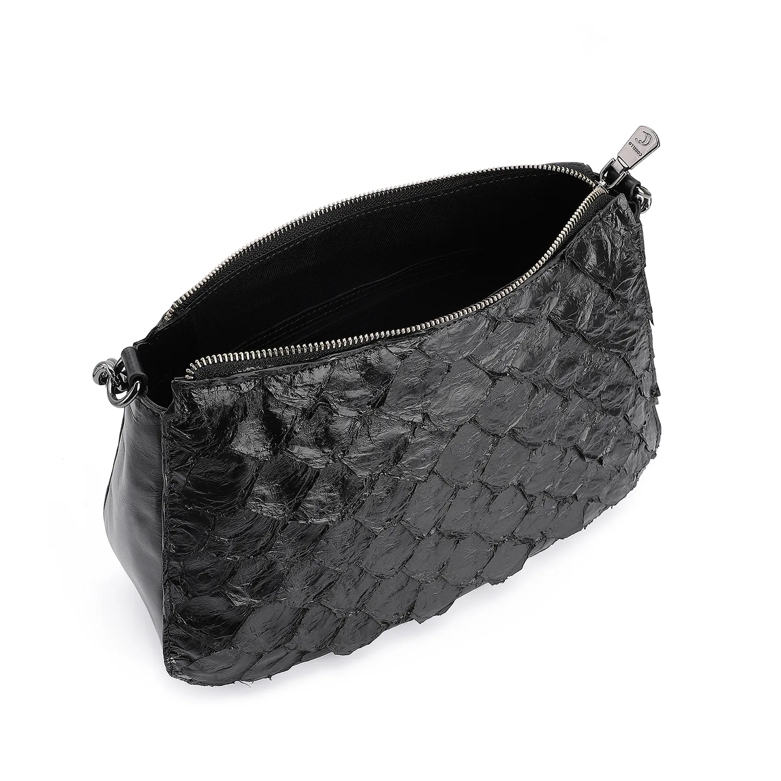 Bolsa De Ombro Pirarucu Couro Preto