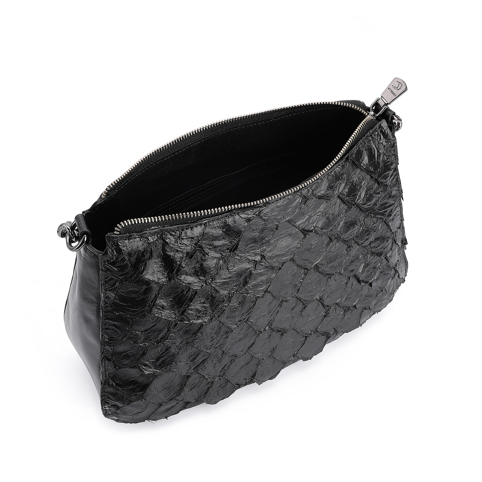 Bolsa De Ombro Pirarucu Couro Preto