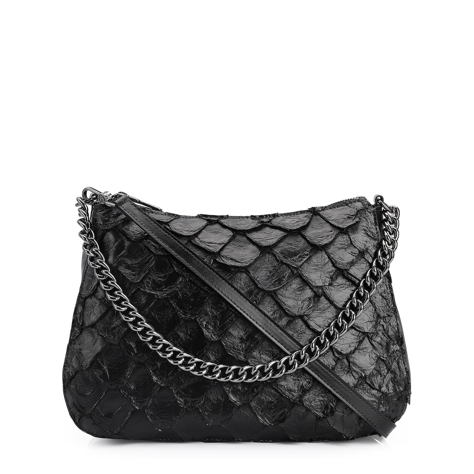 Bolsa De Ombro Pirarucu Couro Preto