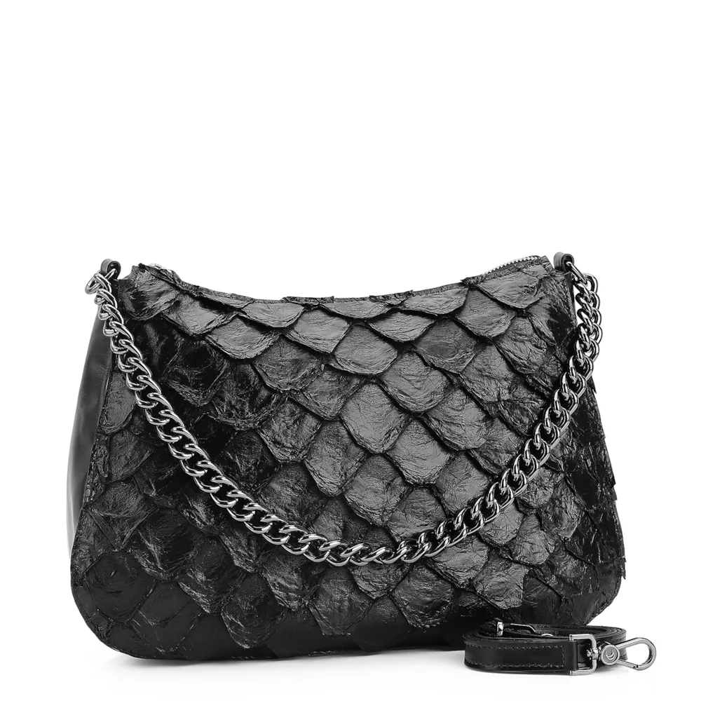 Bolsa De Ombro Pirarucu Couro Preto - imagem 2