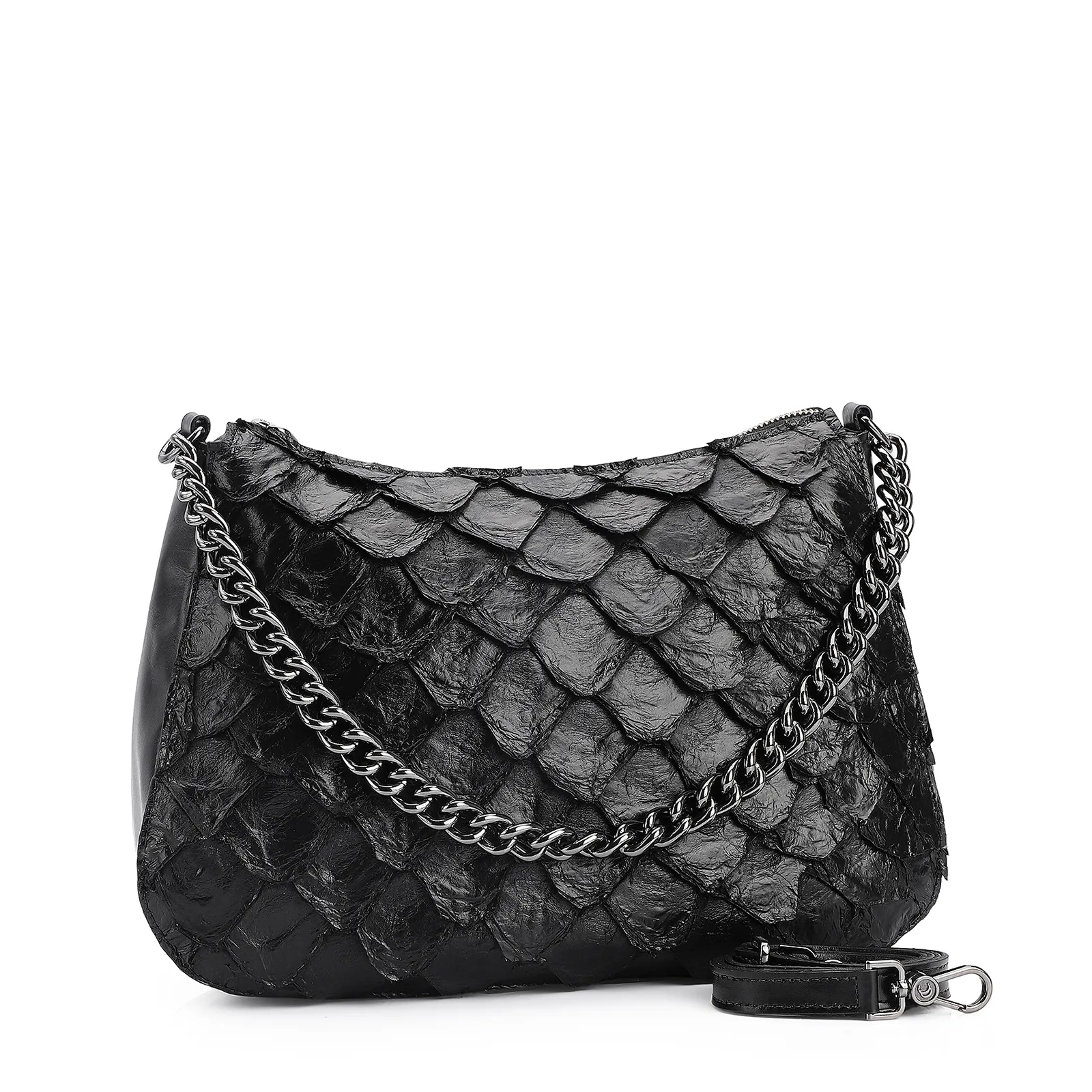 Bolsa De Ombro Pirarucu Couro Preto