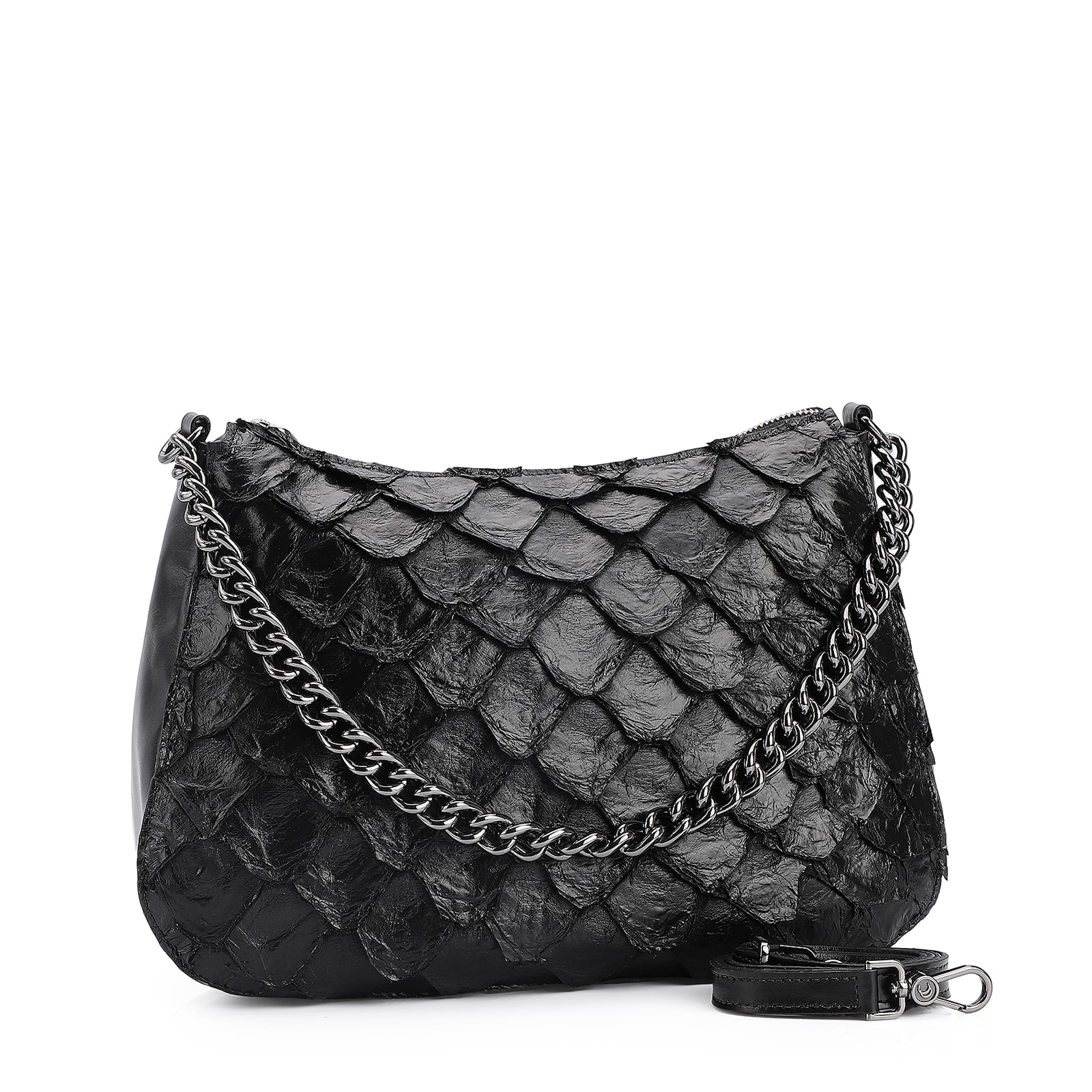 Bolsa De Ombro Pirarucu Couro Preto