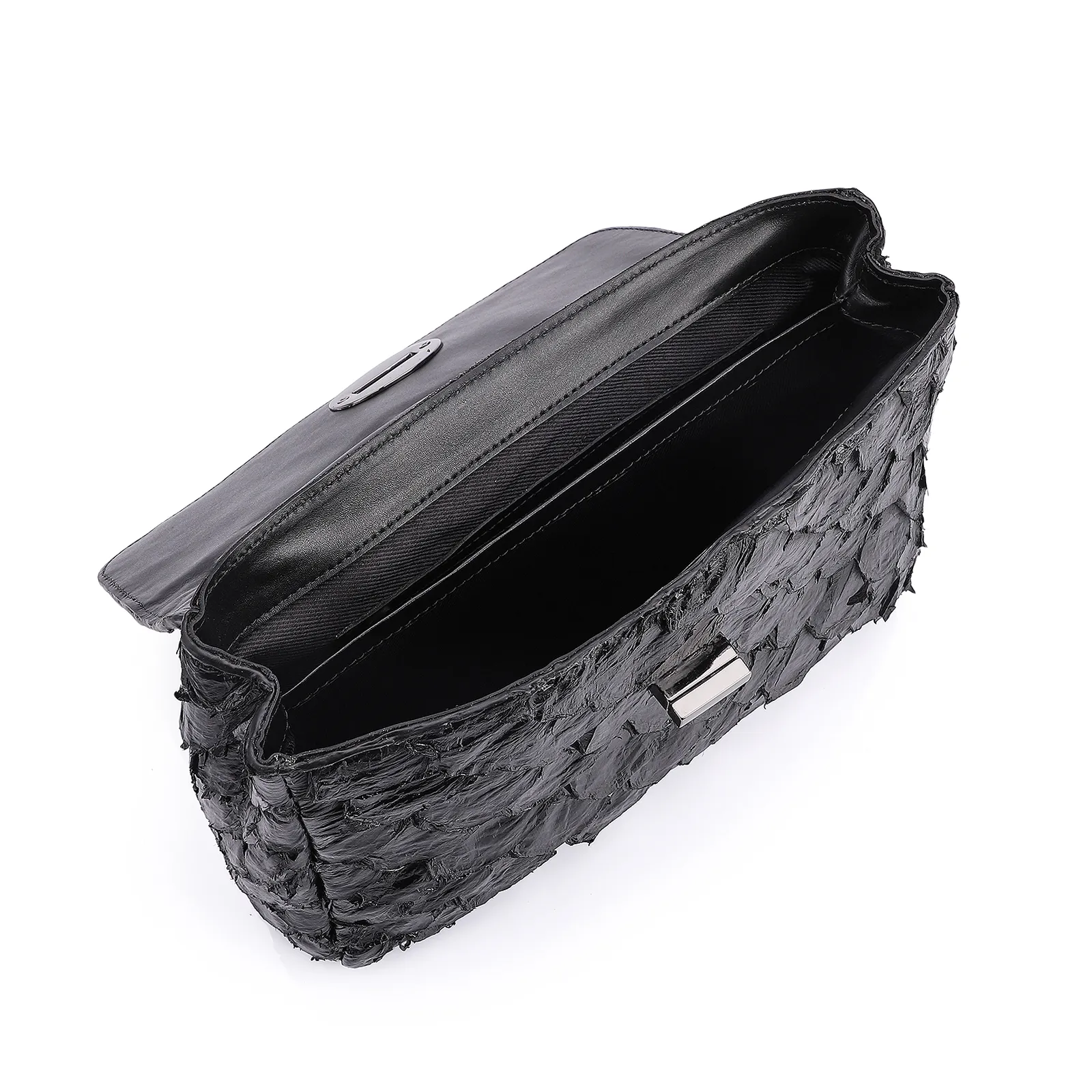 Bolsa De Ombro Pirarucu Couro Preto