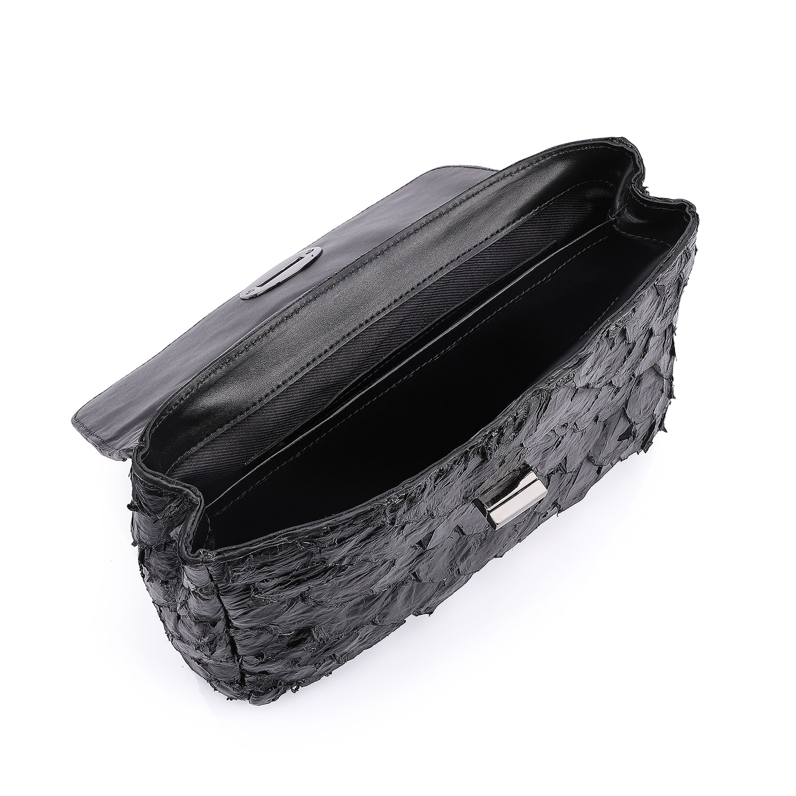 Bolsa De Ombro Pirarucu Couro Preto