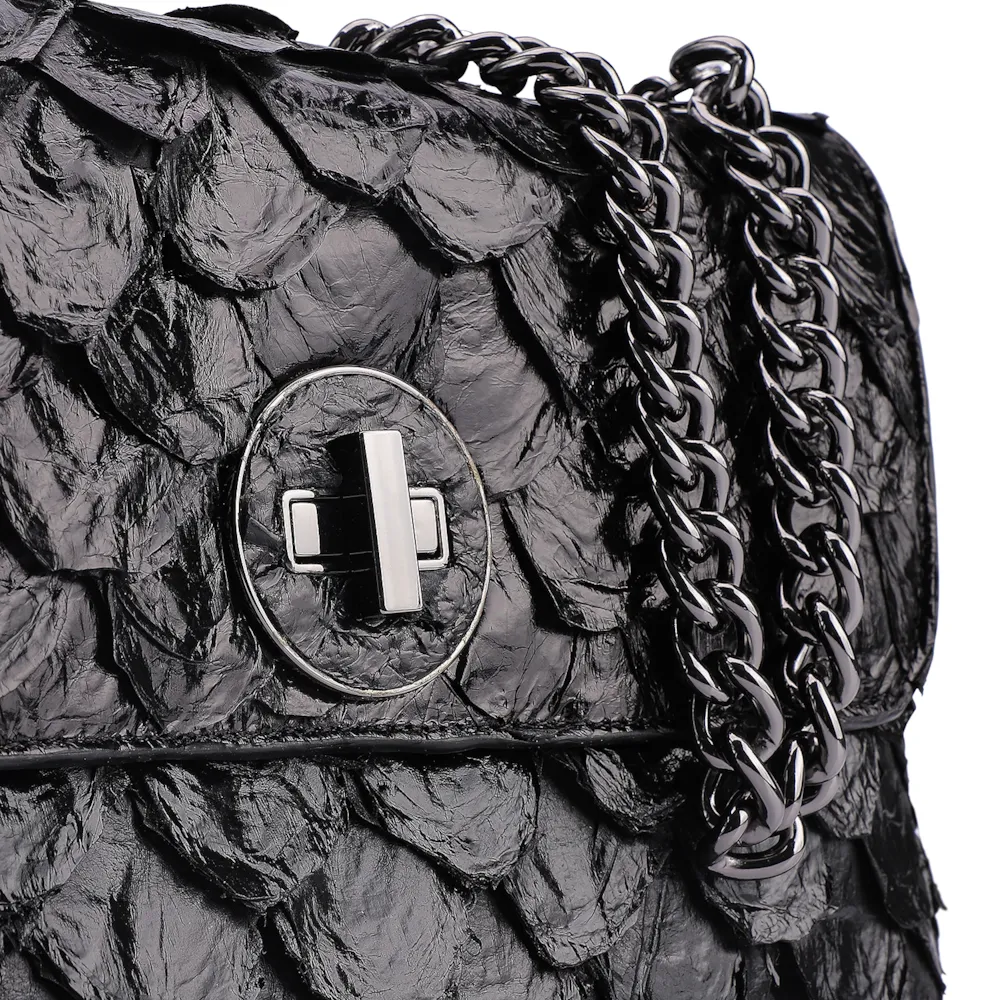 Bolsa De Ombro Pirarucu Couro Preto - imagem 5