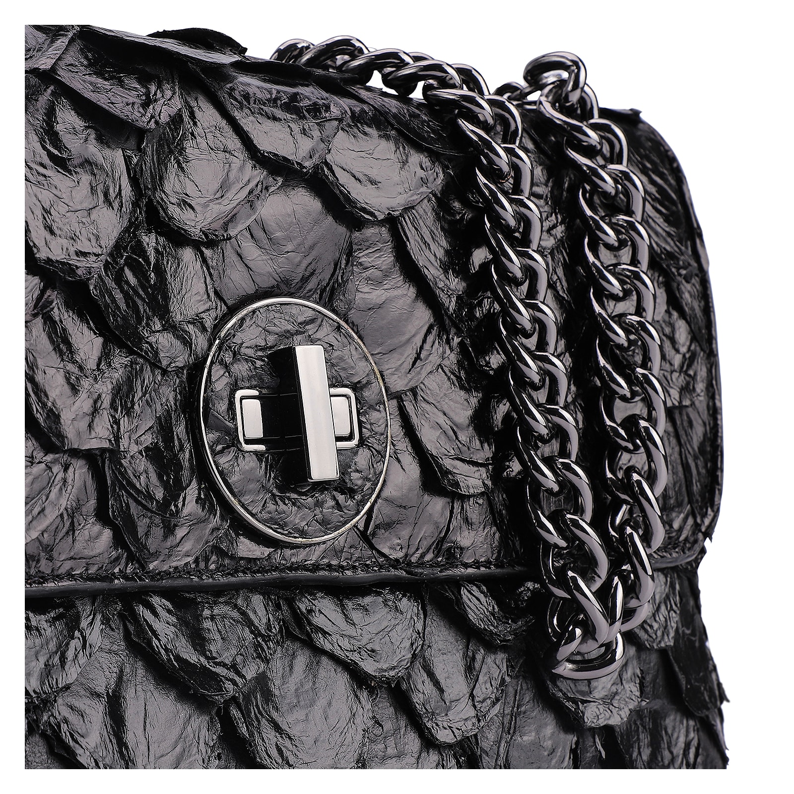 Bolsa De Ombro Pirarucu Couro Preto