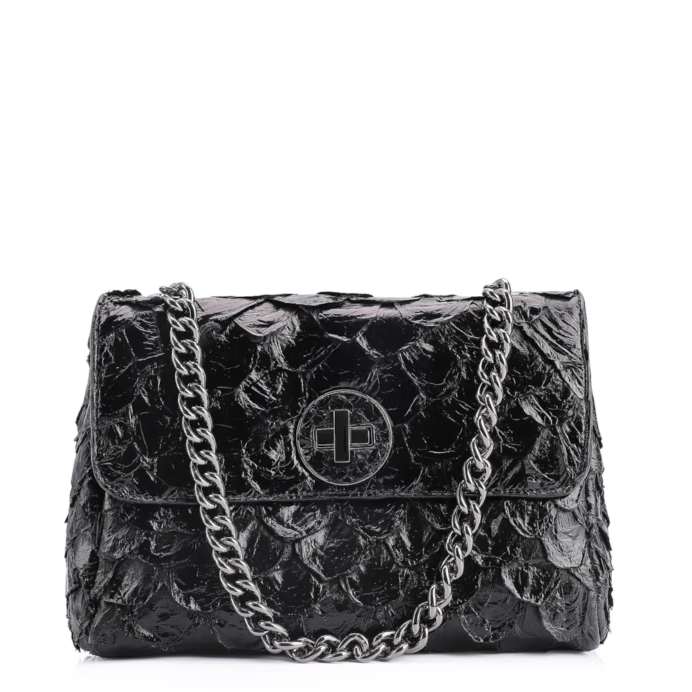 Bolsa De Ombro Pirarucu Couro Preto