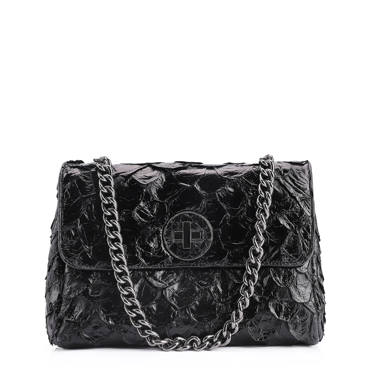 Bolsa De Ombro Pirarucu Couro Preto