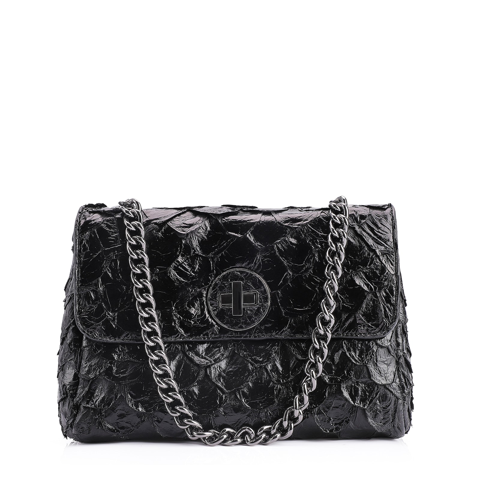 Bolsa De Ombro Pirarucu Couro Preto
