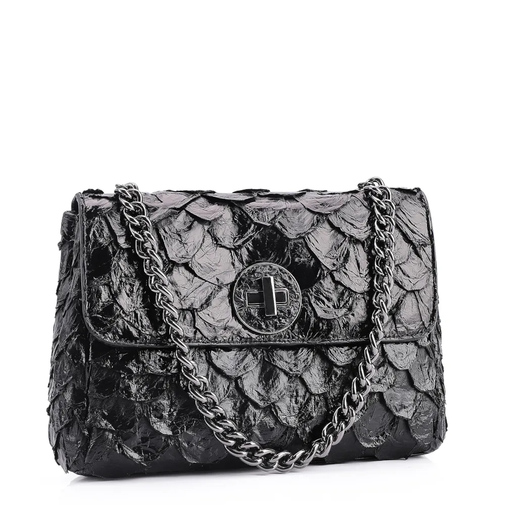 Bolsa De Ombro Pirarucu Couro Preto - imagem 2