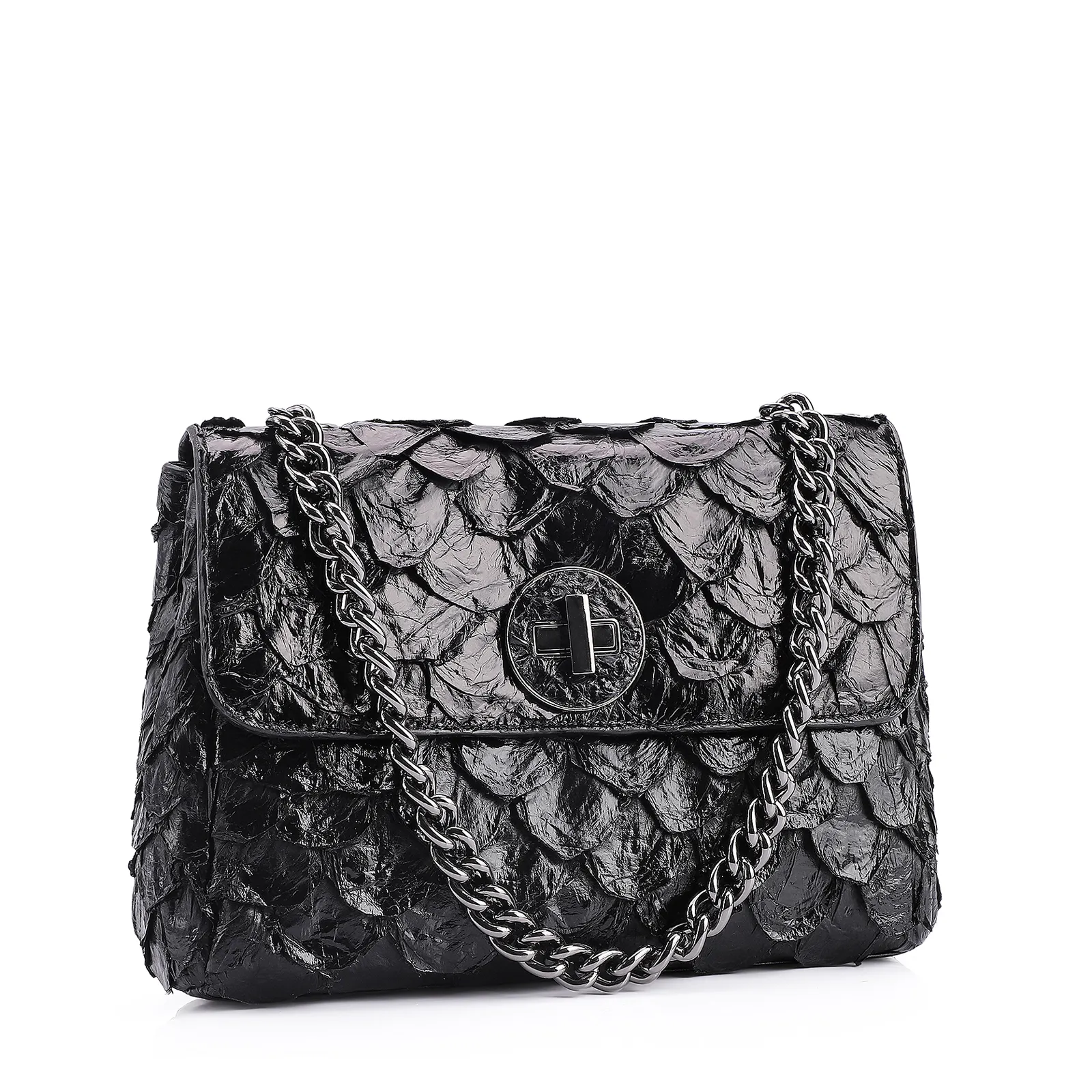 Bolsa De Ombro Pirarucu Couro Preto