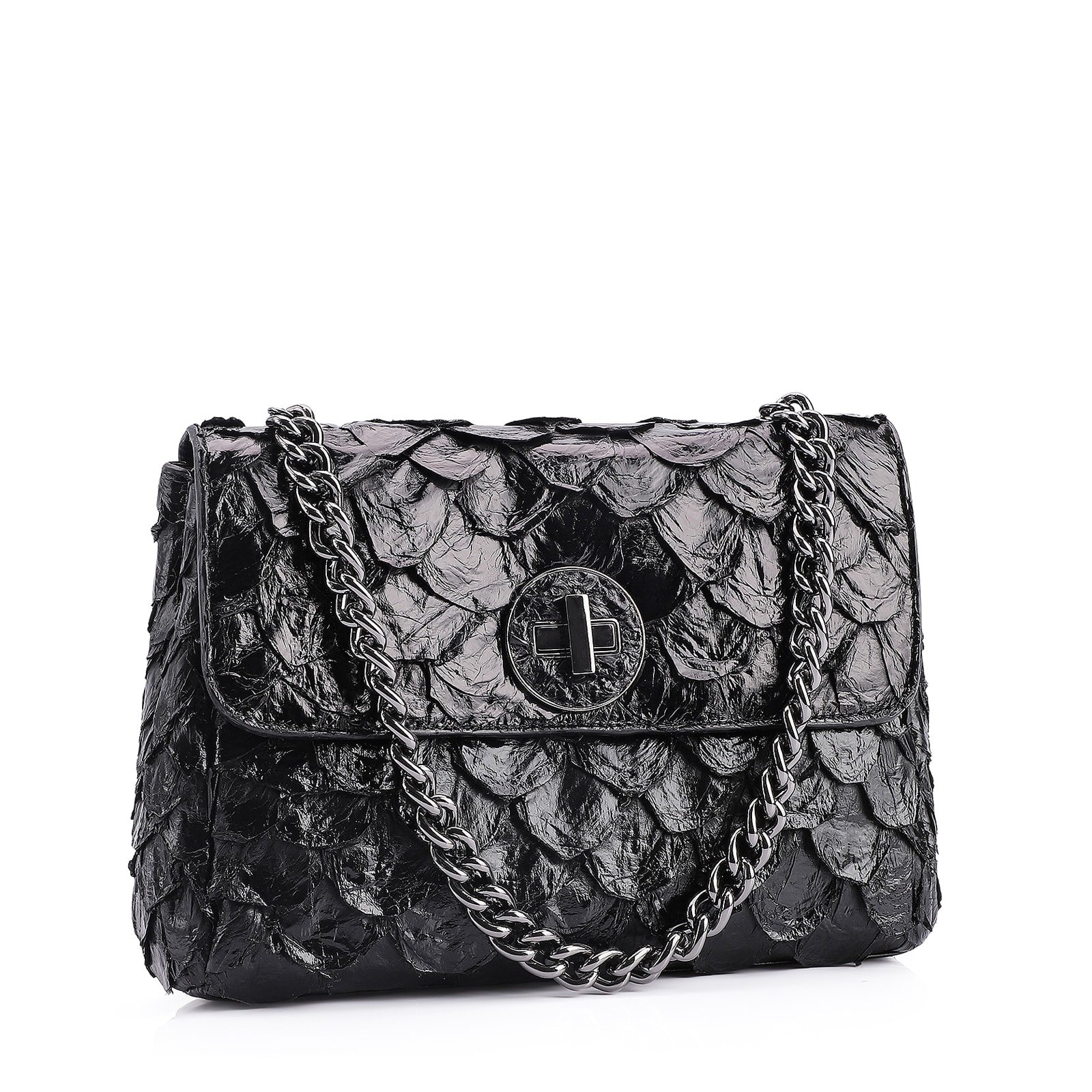 Bolsa De Ombro Pirarucu Couro Preto