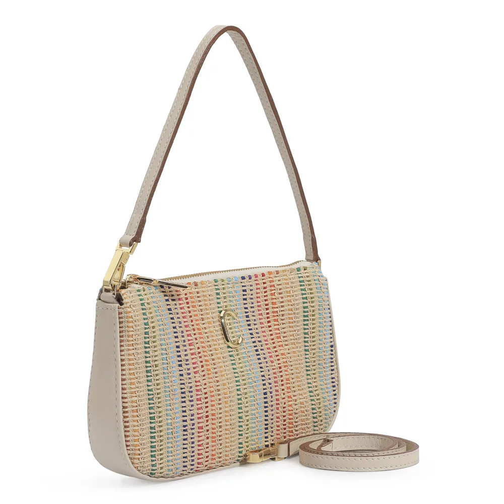 Bolsa De Ombro Ráfia Colorida/Couro Off White - imagem 3
